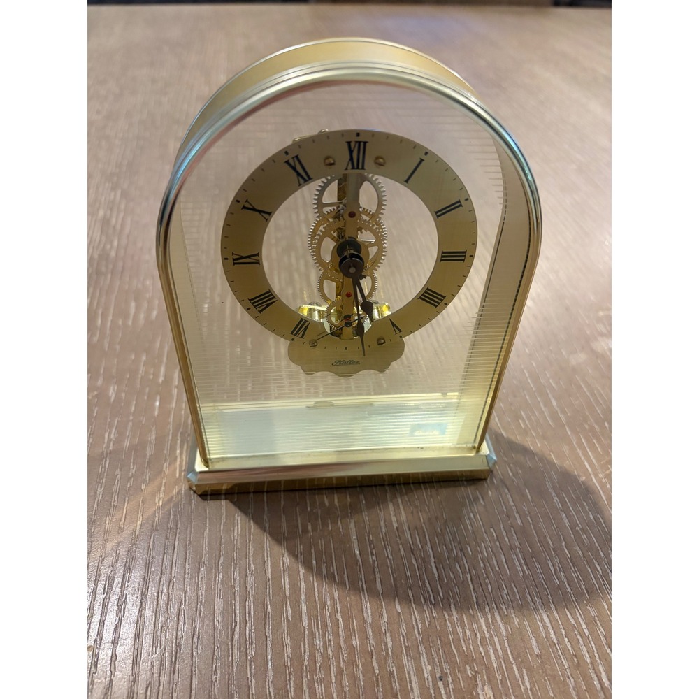 Vintage Siegfried Haller Skeleton Desk Mantel Clock Brass Glass Germany Roman